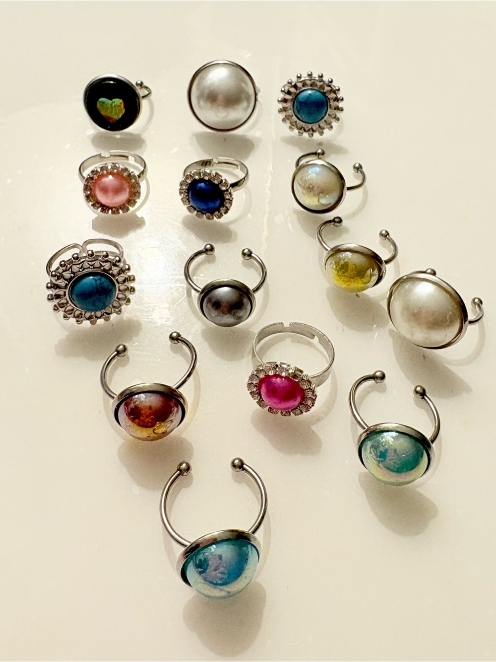 14pc Of Adjustable Silver-Tone Multi Color Glass Cabochon Ring - Women Jewelry
